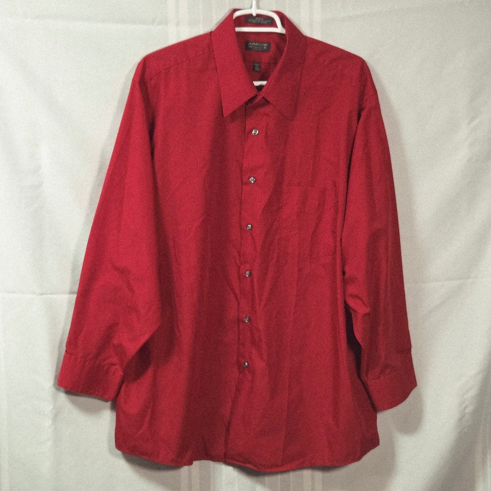 Arrow Dress Shirt Mens XL Red Poplin Wrinkle Free Long Sleeve Button Down